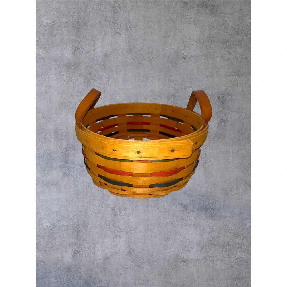 Longaberger Small Button Basket 2000 Striped Leather Handles EUC